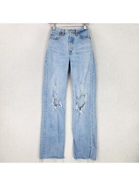Levis Jeans Womens 25 Blue Ribcage Straight Leg High Rise Distressed Button Fly